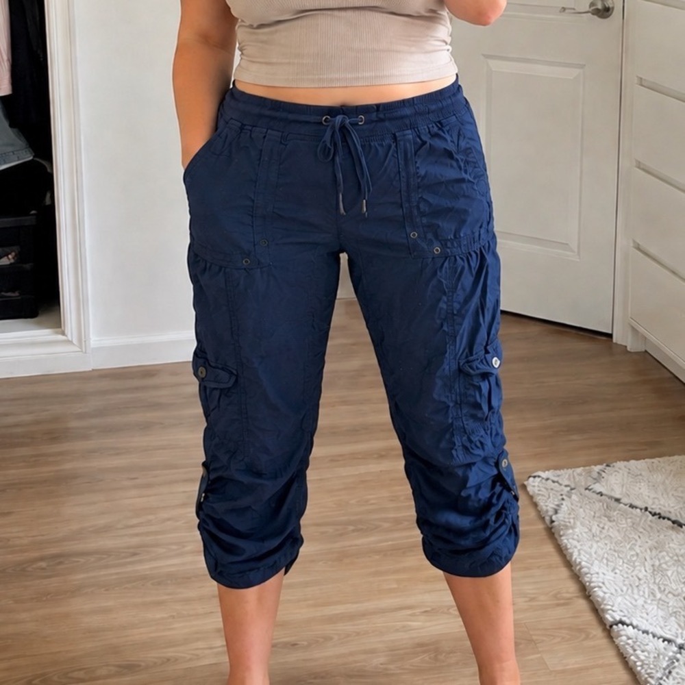 XCVI Navy Blue Cargo Crop Pants Ruched Button Hem XL